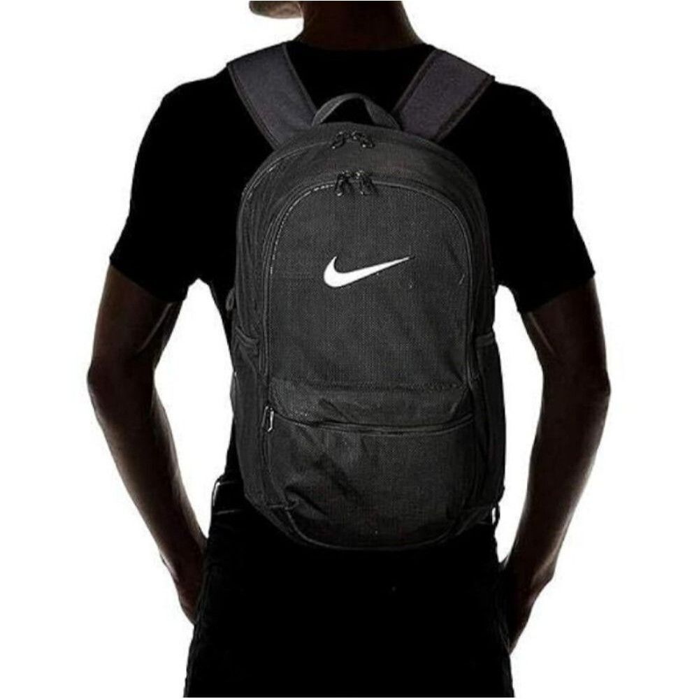 Nike Brasilla Mesh Backpack Black White Logo Swoosh Unisex School Concert Travel - Picture 7 of 16